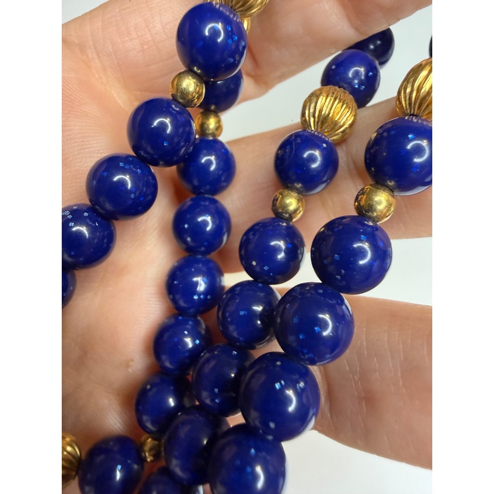 Vintage Cobalt Blue Beaded Necklace Gold Tone Fluted Spacers Barrel Clasp 22 In
